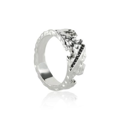 China FASHIONABLE Unique Slotted Hammer Irregular Texture Platinum Plated Brass Rings With Black CZ Designer Special Style Fashion Jewelry for sale