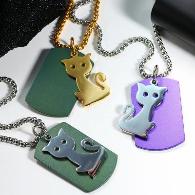 China Trendy Colorful Rounded Rectangle Tag and Stainless Steel Cat Two Pieces Pendant Necklace with Pearl Chain for Women Men for sale