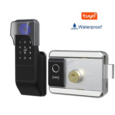 China Electronic Door Rim Lock For Outdoor Iron Tuya Wifi Door Lock Digital Smart Fingerprint Waterproof Wireless Remote Dual Password Remote Control for sale