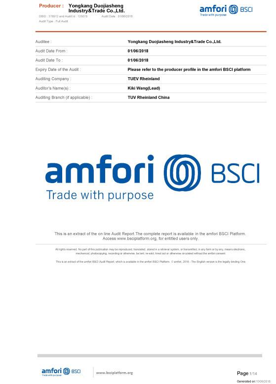 BSCI - Yongkang Duojiasheng Industry And Trade Co., Ltd.