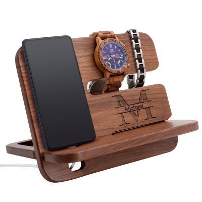 China Walnut Wood Set Your LOGO Natural Walnut Wood Phone Docking Station OEM Custom Wallet Stand Holder Watch Organizer Men Gift for sale