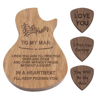 China Custom Engraved Handmade Guitar Picks Pick Box Wood Holder Collector with 3pcs Picks Guitar Accessories Parts Gift Music Box for sale