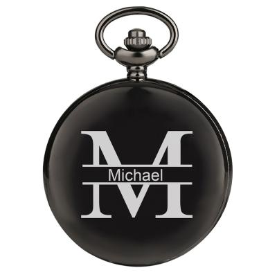 China Custom LOGO Pocket Watch Retro Black Charm Quartz Pocket Watch Man Necklace Modern Engraving Pendant With Chain Gifts Box For Dad for sale