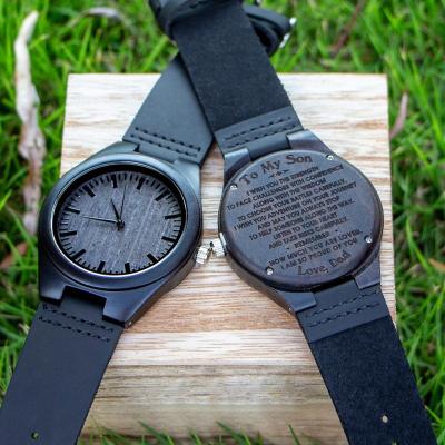 China Water Resistant Engraved Wood Custom Watch For Husband Son Wife Natural Ebony Custom Watch Drop Shipping Gift for sale