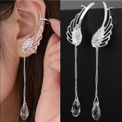 China High Quality Crystal Angel Wing Earrings Romantic Long Drop Silver Plated Feather Clip Earrings for sale