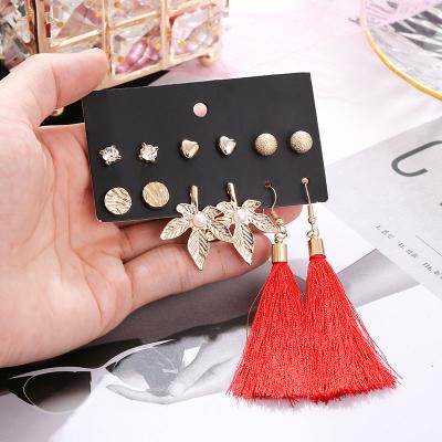 China High Quality Popularity Bohemian Combine Women Red Heart Shaped Leaves Earrings Tassel Earring Multiple Sets for sale