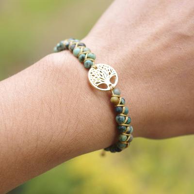 China Handmade Braided Bracelet Environmentally Friendly Fashion Green Multi Layer Pendant Bracelet Green Natural Stone Tree Of Life for sale