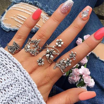 China Vintage Wholesale Rose Flower Zinc Alloy Ring Gold Color Vintage Knuckle Rings Bohemian Set for sale