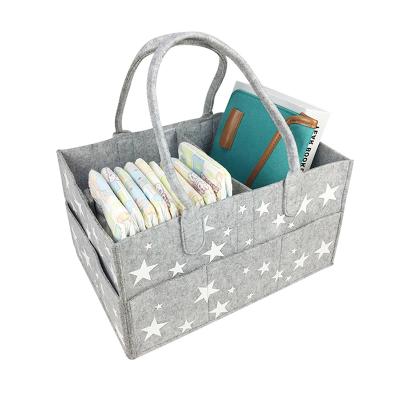 China 100% Eco-Friendly Space Saving / Safe Reusable Durable Star Print Custom Pattern Felt Bags Storage Organizer Nursery Basket For Moms And Baby Things baby diaper for sale