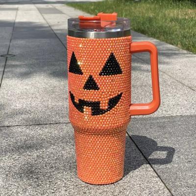 China Design Halloween 40oz Rhinestone Tumbler with Pumpkin Pattern and Stainless Steel for sale