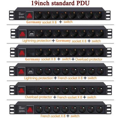 China Industrial AC Cabinet 8 Way Distribution Strip Power PDU German/French Switch Cutoff Lightningproof Overload Socket Outlet German/French EU Plug In 2m Cord for sale