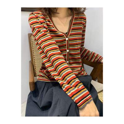 China Other China Factory Knitted Coat Cashmere Sweaters V-neck Rainbow Striped Sweater Cardigan for sale