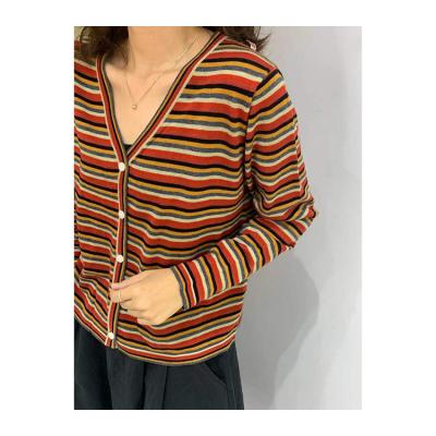 China Other Factory Hot Sale Winter Sweater Casual V-Neck Rainbow Striped Sweater Cashmere Women Tops for sale