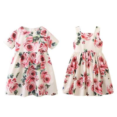 China New Lovely Washable Modern Rose Flower Printed Sundress Girls Dress Baby Casual Wear Kids Clothing for sale