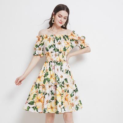 China 2022 Summer Bohemian Porcelain Printed Flower Anti-wrinkle Midi Dress Women's Elastic Shoulder Puff Sleeve Waist Runway Dress for sale