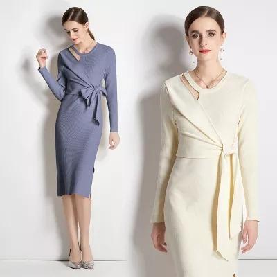 China Latest Anti-Wrinkle Sweater Design For Women Custom Womens Sweater Dress Cross Bow Long Sleeve Slim Pullovers Knitted Dress for sale