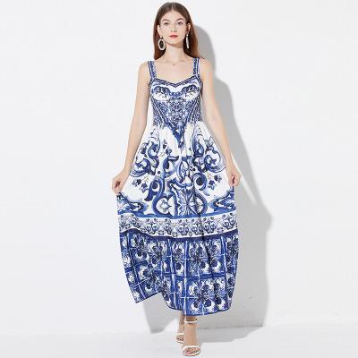 China Anti-wrinkle fashion runway summer vacation beach slip dress women's spaghetti tie print blue and white holiday china long dress for sale