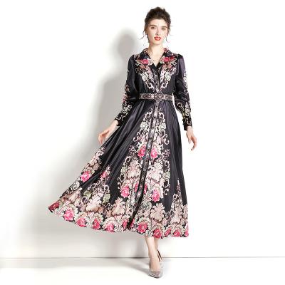 China Anti-wrinkle Autumn Runway Long Sleeve Maxi Dress Women's Simple V-Neck Vintage Print Breasted Belt Long Notched Long Dresses for sale