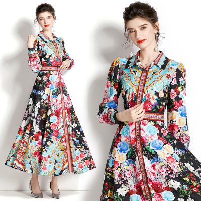 China 2022 Summer Women Retro Vintage Lantern Sleeve Floral Print Office Anti-wrinkle Spring Fashion Runway Maxi Dress Work Long Dresses With Belt for sale