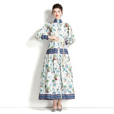 China 2022 Anti-Wrinkle Fashion Runway Vacation Maxi Dress Women Stand Collar Lantern Sleeve Button Down Floral Print Lace Up Belt Party Vestidos for sale