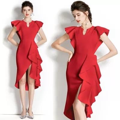 China Anti-Wrinkle New Arrivals Stylish Short Sleeve Ruffles V-Neck Slit Bodycon Dress Dress For Even Lady Ol Office Women Formal Work Dresses for sale