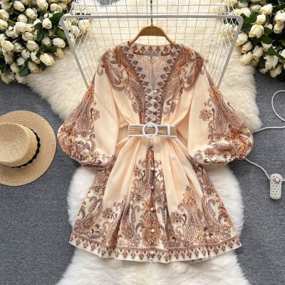 China 2022 Autumn Holiday Beach Dress Women Spring V-neck Lantern Sleeve Floral Print Single Breasted Belt Runway Anti-wrinkle Mini Dress for sale