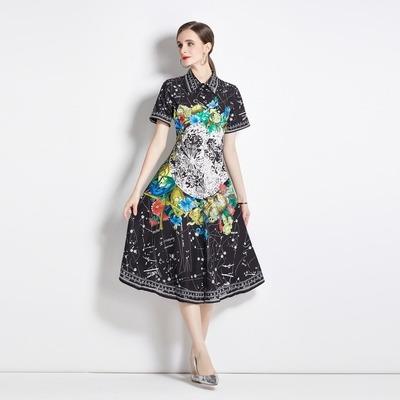 China Anti-Wrinkle Vintage Printing Midi Shirt Dress Women Summer Runway Designer Short Sleeve Turn Down Collar Casual Long Dress Mujer A Vestidos for sale