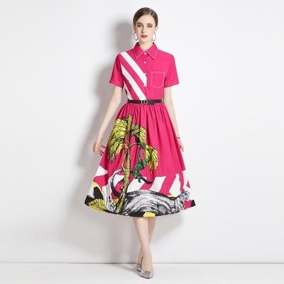 China 2022 Summer Women Fashion Anti-wrinkle Turn Down Dress Female Vestidos Femme Long Sleeve Neck Print Belt Short Animal Dress Dress for sale