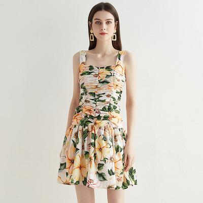 China Anti-wrinkle factory OEM women dress custom famous floral printed off the shoulder ruched ruffles mini dress for sale