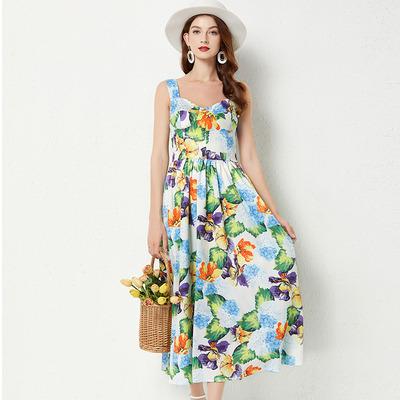 China Floral Halter Beach Dress Formal Halter Mid Length Backless Sundress Long Women's Midi Dress Hydrangea Anti-wrinkle Holiday French Suspender Elegant for sale