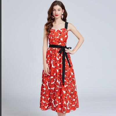 China Anti-wrinkle Summer Runway Fashion Sicilian Spaghetti Strap Dress Women Red Rose Printing Belt Knee Suspender Cami Dress for sale