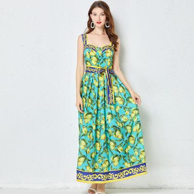 China Anti-wrinkle OEM Fashion Maxi Dress Summer Bohemia Lemon Print Belted Elegant Vacation Spaghetti Strap Long Dress for sale