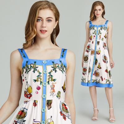 China Anti-Static Print Custom Women Casual Dress OEM Spaghetti Strap Sleeveless Bohemian Button Down Swing Midi Dress for sale