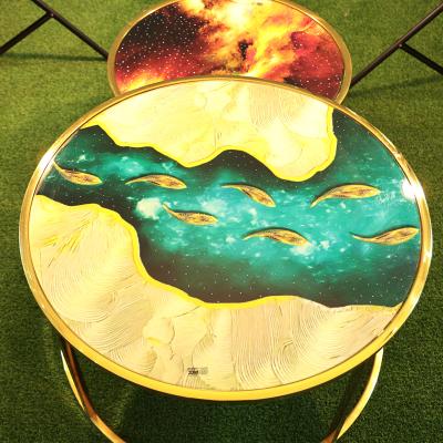 China Latest Durable Colorful Design Round Mirrored Coffee Table With Crystal Small Fish River Diamond On Top for sale