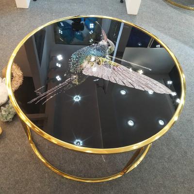 China Nordic Colorful Fancy Birds Iridescence Living Room Minimalist Iridescence Vacuum Stone Vacuum Potting /Shinning Black Color Side Around Crystal Glass Clear Tea Coffee Table for sale