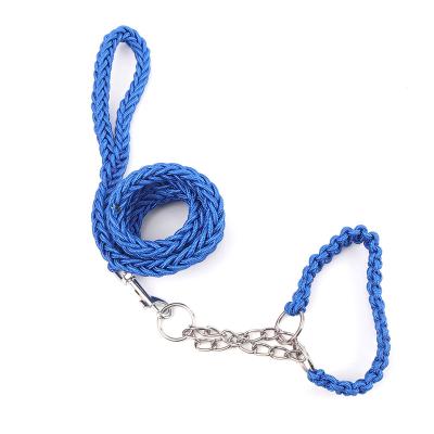 China Pet Products Stocked Medium Large Dog Collars And Leads Braided Rope Dog Leash And Dog Collar With Metal Chain for sale