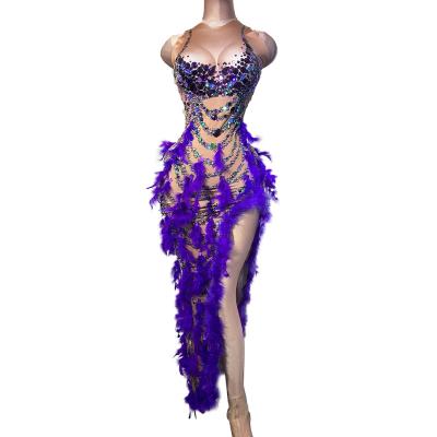 China New Fashion Breathable Crystal Club Party Long Dress Sleeveless Purple Singer Stage Outfits Sexy Feather Feather Evening Dress Women Prom Dress for sale