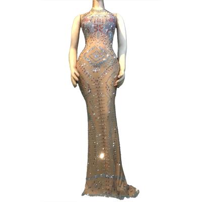 China Stretch Mesh See Through Evening Gown Stage Costume Rhinestones Wedding Party Long Dress Breathable Sexy Feminine Women's Formal Prom Dress for sale