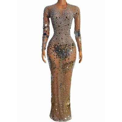 China Breathable Luxury See Women Crystal Pearls Evening Gown Sexy Sequin Sparkle Birthday Party Dress Ballroom Dance Prom Dress Long for sale