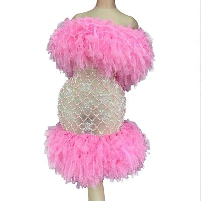 China Sexy Pink Mesh Dress Women Stage Costumes Slash Neck Nightclub Bodycon Dresses Beading See Through Wedding Party Dress Prom Dresses for sale