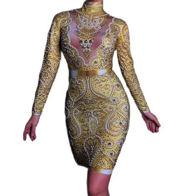 China Dresses Sparkle Sexy Prom Dresses Rhinestones Dance Dress Women Crystal Pearl Bodycon Wedding Party Costume Latin Club Stage Gold for sale