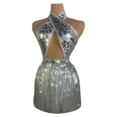 China Dress Sexy Halter Backless Silver Sequins Tassel Shorts Dress Women Stage Costume Dance Performance Wear Party Club Latin Dress for sale