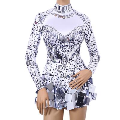 China Sparkly Silver Mirror Sequins Rhinestones Dresses Dancing Sexy Singer Showgirl Performance Wear Dress Women Nightclub Dress for sale