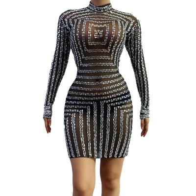 China Fashion Breathable Black See Through Stripe Rhinestones Party Club Dress Women Dance Mini Dress Sexy Bodycon Prom Latin Dress Plus Size for sale