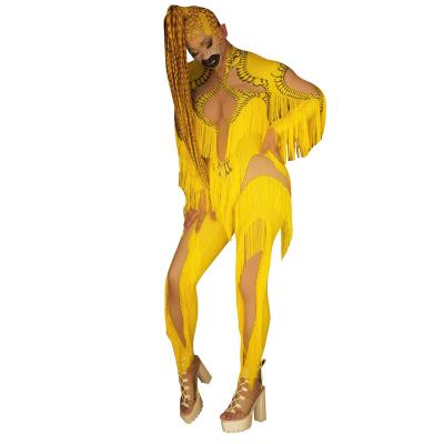 China Sets Fashion Stretch Yellow Print Skinny Fringes Rompers Women Performance Wear Stage Suits Party Tassel Bodycon Jumpsuit for sale