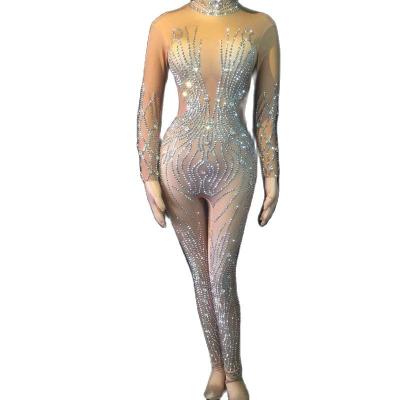 China Sexy Sets Women Costume To Stretch Skinny Nude Rhinestone Overalls Club Stage Girl One-Piece Dancer Jumpsuit Playsuit Stage Team for sale