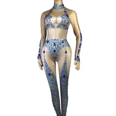 China Sexy Nude Print Rhinestone Jumpsuit Women Nightclub Bar One-Piece Stage Sets Suit Performance Wear Dance Jumpsuit Playsuit for sale