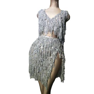 China Sets Sparkling Sexy Silver Rhinestone Tassel Top + Skirt Club Outfit Sets Women Dancer Performance Wear Stage Dress Party Costumes for sale