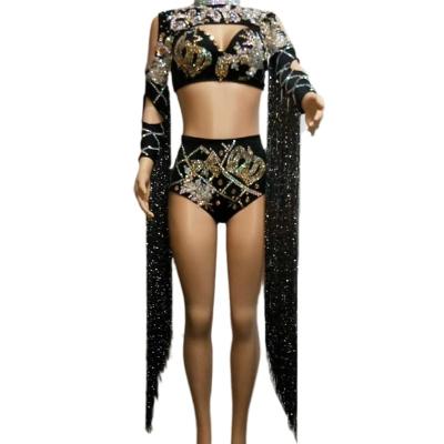 China Gold Crystal Tassel Bikini Bra Shorts Sets Designer Stage Girl Stage Costume Women Club Stripper Dancewear Party Performance Wear for sale