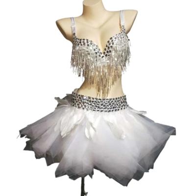 China tutu & Sexy White Crystal Tassel Bra Tutu Skirts Stripper Dancewear Women Belly Dance Stage Costume Club Performance Wear for sale